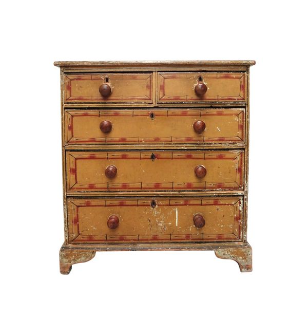 An early 19th century faux bamboo painted pine chest of two short and three long graduated drawers, on bracket feet, 80cm wide.  Illustrated