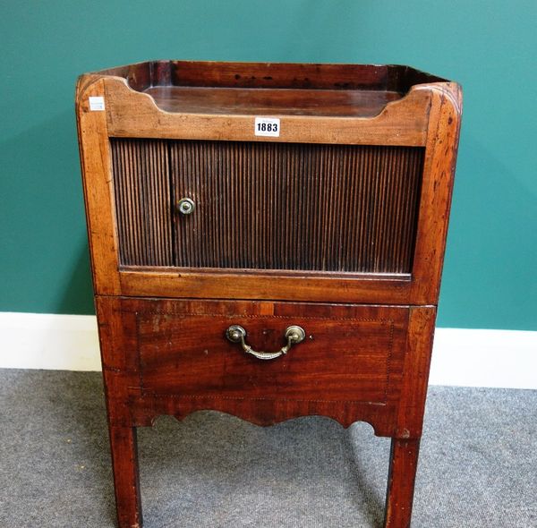 An 18th century mahogany tray top night stand, with tambour cupboard over pull-out drawer, 50cm wide.