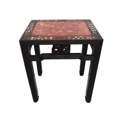 A late 19th century Chinese mother of pearl inlaid hardwood jardiniere stand, with inset marble top over pierced and carved frieze, on channelled squa