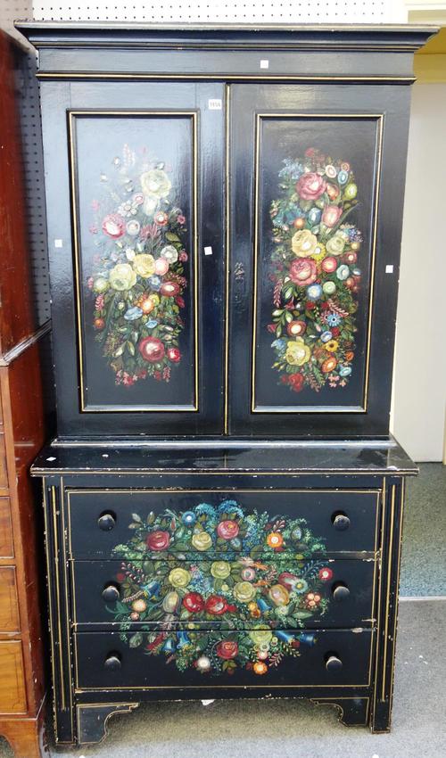 A Victorian and later papier-mâché and mother of pearl decorated linen press, with pair of cupboards over a three drawer base, 101cm wide x 190cm high