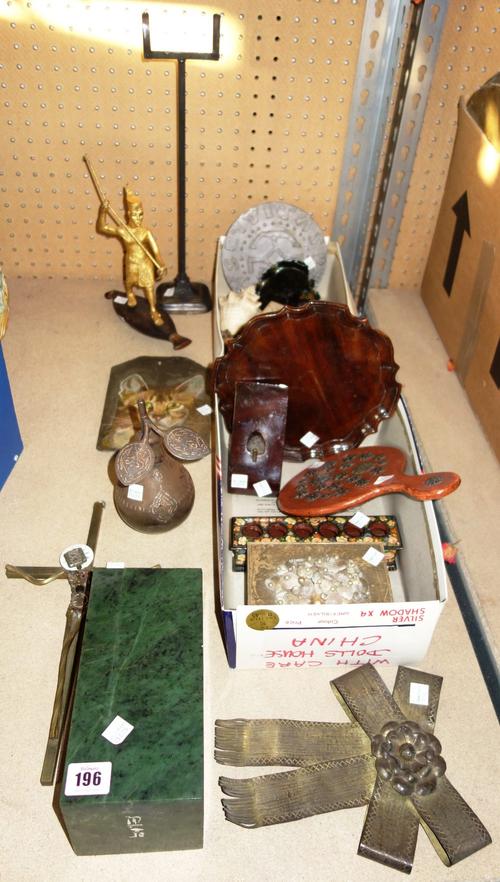 A quantity of assorted collectables and decorative objects including; a cat painted on slate, Corpus Christi constructed from horological elements, bo