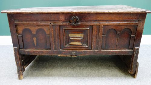 An 18th century and later oak small coffer, possibly Spanish, 105cm wide (adapted).  Provenance- from the estate of Fleur Cowles