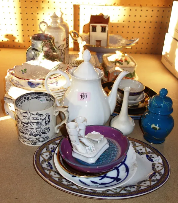 A group of mainly 20th century ceramics including blue and gilt pedestal dish, transfer printed loving cup, plates, vases, bottles and sundry  S1MProv