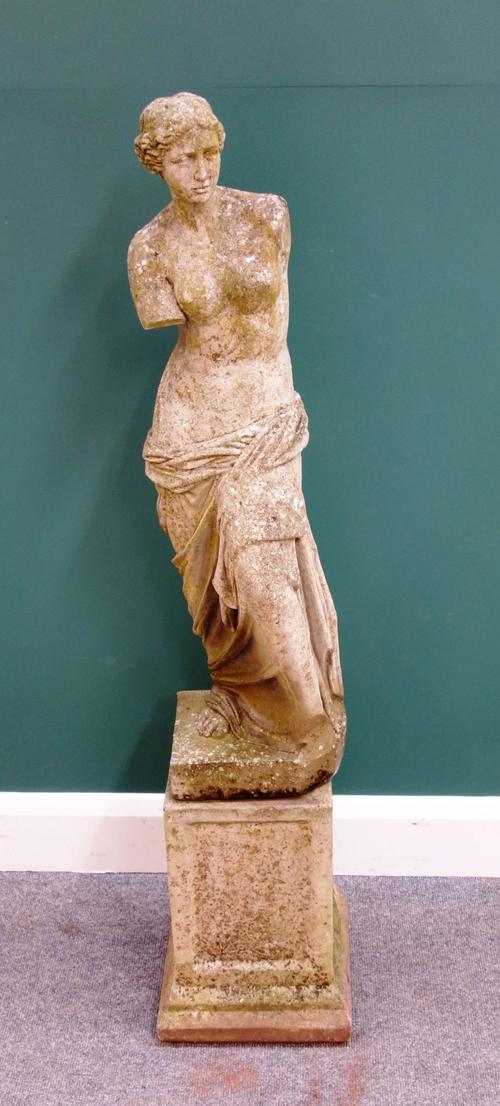 A composition stone figure of the Venus de Milo, on a stepped square base, 120cm high.
