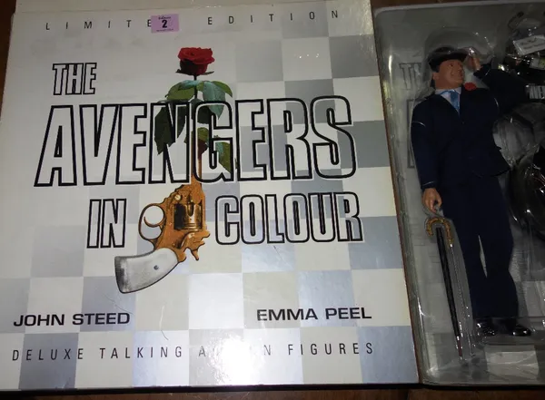 The Avengers television original series deluxe talking action figures of Patrick Macnee and Diana Rigg. Boxed. CAB