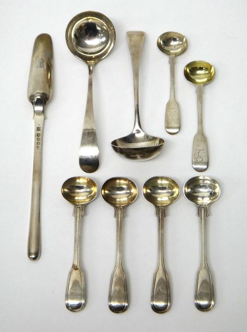 Silver flatware, comprising; a George III marrow scoop, London 1810, a pair of Old English pattern sauce ladles, Sheffield 1968, four Victorian double