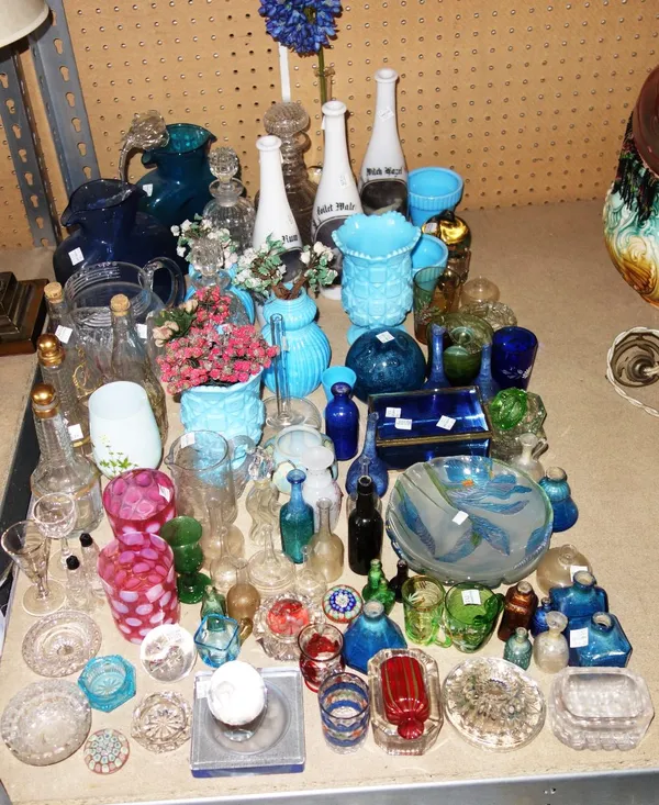 A large quantity of mainly 20th century decorative glass including decanters, coloured glass vases and sundry. (qty)  S1BProvenance; The Estate of Fle