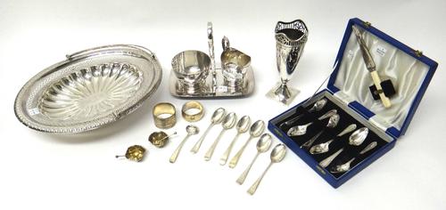 Silver, comprising; a vase decorated with a pierced rim and raised on a square base, Birmingham 1917, height 17.5cm, three teaspoons, circa 1800, thre