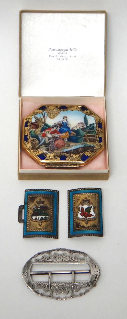 A lady's enameled and gilt octagonal powder compact, the sprung hinged cover decorated with three figures in a fishing scene, otherwise with feathered