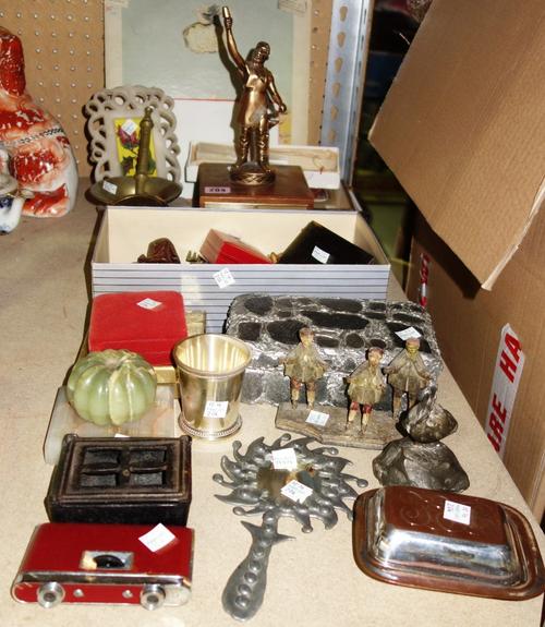A quantity of mixed collectables including costume jewellery, boxes, trophies, 'Donovan in Concert' record with sleeve originally designed by Fleur Co
