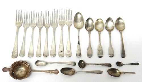 Mostly silver, comprising; eight Old English pattern dessert forks, eight various spoons, various dates, part of a spoon and a tea strainer, also a Fr