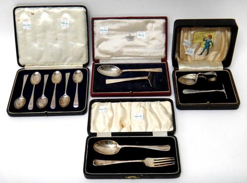Silver flatware, comprising; a set of six Old English pattern coffee spoons, London 1928, a Christening spoon and fork, Birmingham 1937, a child's pus