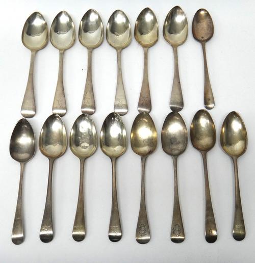 Fifteen Old English pattern silver tablespoons, comprising; six London 1830, four London 1788, two London 1784, two London 1818 and one London 1802, c