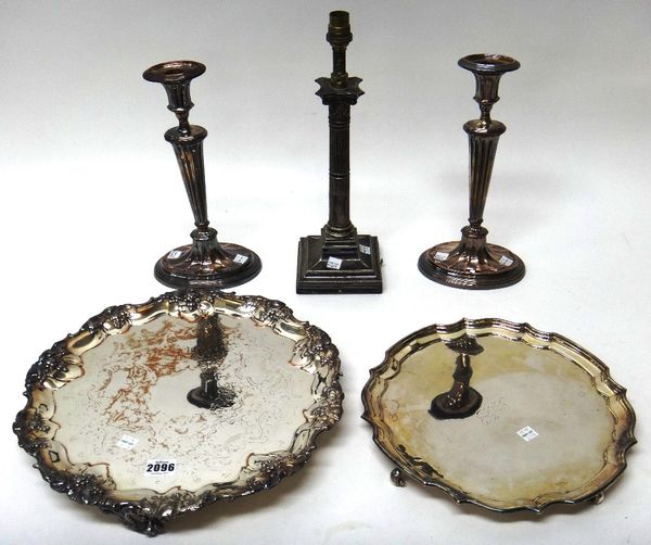 Plated wares, comprising; a shaped circular salver, having a decorated border of fruiting vine, raised on three scroll pierced feet, a shaped circular