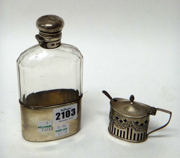 Silver and silver mounted wares, comprising; a Victorian faceted glass spirit flask, with a pull off beaker base, London 1892 and an oval mustard pot,