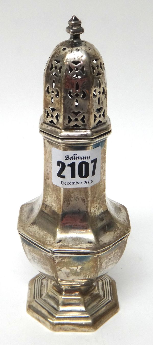 A silver sugar caster, of octagonal baluster form, probably Birmingham 1912, gross weight 118 gms.