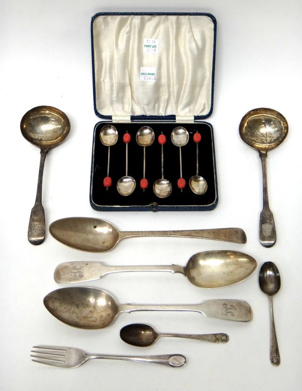 Silver flatware, comprising; a pair of fiddle pattern sauce ladles, probably London 1813, a pair of fiddle pattern tablespoons, Exeter 1839, another t