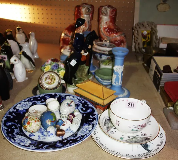 A group of ceramics, including; Staffordshire flat back spaniels, Wedgwood Jasperware items, Worcester trio and sundry. S1M