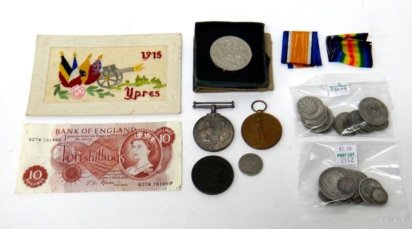 The 1914-18 British War Medal and The 1914-19 Victory medal to F.5332 W.G.FUNNELL. A.M.1 R.N.A.S.(the Victory medal officially re-named), a silk postc