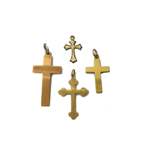 A 9ct gold plain pendant cross, Birmingham 1942, a 9ct gold pendant cross, Birmingham 1957, a gold pendant cross, detailed 9 CT and a small gilt metal