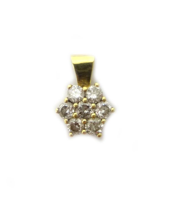 A gold and diamond set seven stone cluster pendant, in a hexagonal design, mounted with circular cut diamonds.