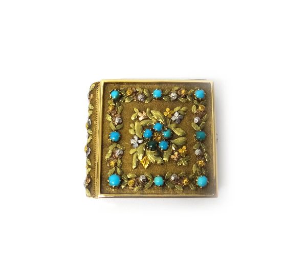 A three colour gold and turquoise bound miniature book, detailed London Almanack for the year of Christ 1820, the binding with floral and foliate deco