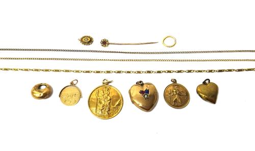 A gold neckchain, in a multiple link design, various parts of chains and safety chains, a gem set heart shaped pendant locket, a gold back and front h