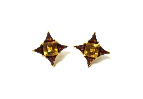 A pair of 18ct gold, citrine and garnet set earclips, each mounted with a square cut citrine to the centre, in a surround of four triangular cut garne