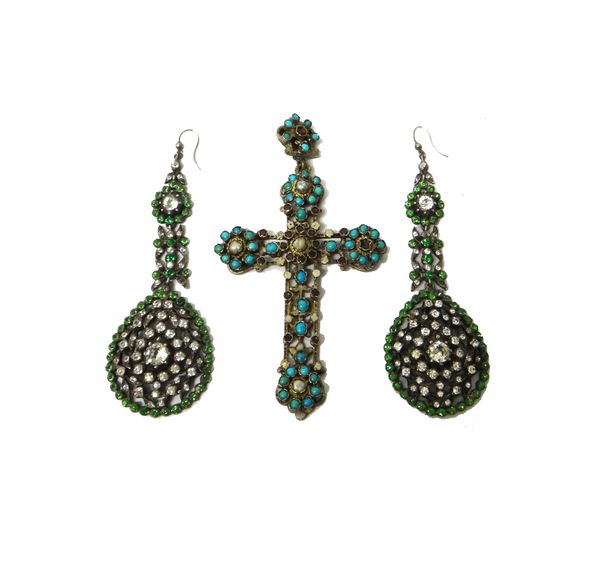 A pair of silver, green and colourless paste set pendant earrings, the tops with wire fittings and a turquoise and garnet set pendant cross, probably