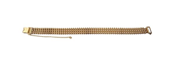 A 9ct gold bracelet, in a woven multiple link design, with a foldover clasp, fitted with a safety chain, length 16cm, weight 11.5 gms, with a case.