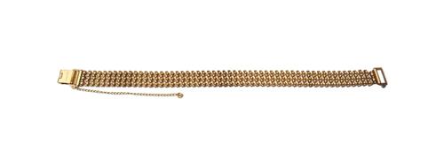 A 9ct gold bracelet, in a woven multiple link design, with a foldover clasp, fitted with a safety chain, length 16cm, weight 11.5 gms, with a case.
