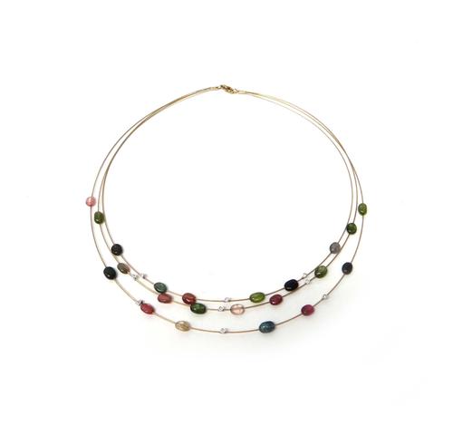 A 14ct gold, diamond and vary coloured tourmaline bead necklace, in a three row design, on a sprung hook shaped clasp, detailed 14 K, with a case and