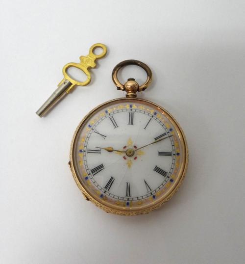 A lady's gold cased, key wind, openfaced fob watch, with a gilt cylinder movement, gilt metal inner case, the decorated enamelled dial with black Roma