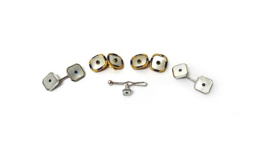 A pair of gold, mother of pearl, cabochon blue gem set and blue enamelled dress cufflinks, detailed 18 CT, a pair of 9ct white gold, mother of pearl a