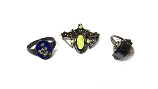 A Scandinavian silver gilt and pale green enamelled brooch, detailed 930 S, a haematite and marcasite set ring, in an Art Deco design and an Oriental