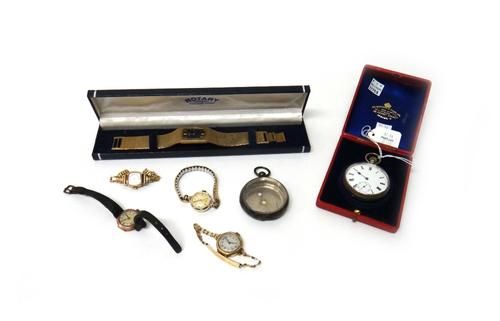 A gentleman's silver cased, keyless wind, openfaced pocket watch, Birmingham 1904, with a case, a silver pocket watch part case, a lady's gilt metal R