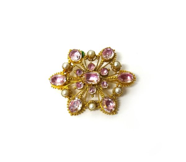 A gold, foil backed pink gem and cultured pearl set brooch, in a pierced cannetille work hexagonal design, circa 1830.