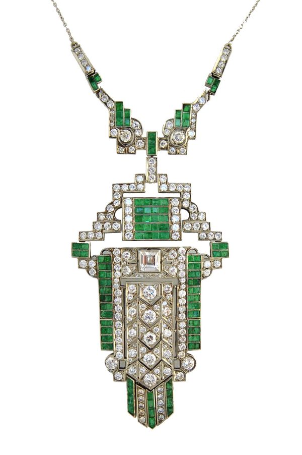 A diamond, moissanite and emerald necklace, in a pierced and geometric Art Deco inspired design, probably late 20th century, mounted to the centre wit