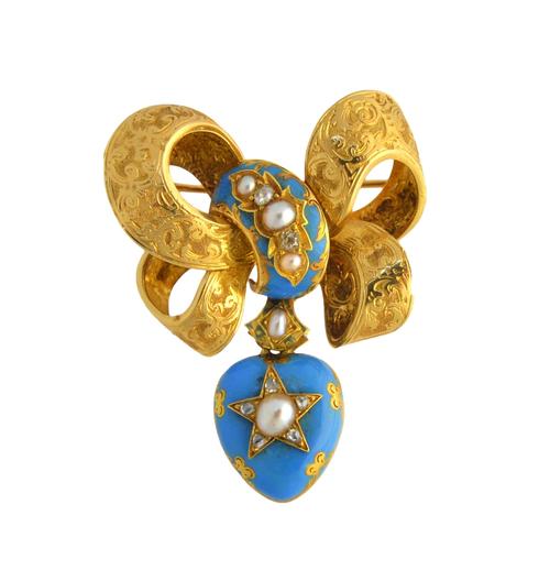 A Victorian gold, diamond and half pearl set and pale blue enamelled brooch, the top designed as a bow, with feathered scroll engraved decoration, the