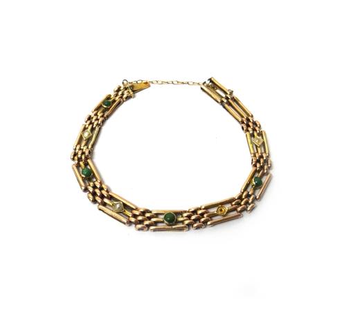 A gold, turquoise and half pearl set bar and oval link gate bracelet, on a snap clasp, detailed 9 CT, fitted with a safety chain, gross weight 9.1 gms
