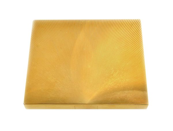 A French gold rectangular hinge lidded box, by Van Cleef & Arpels, numbered 69605, engraved within the lid 'To Daphne Xmas 1955' the exterior with eng