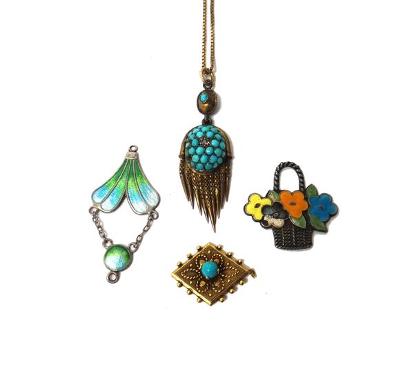 A Victorian turquoise and rose diamond set drop shaped pendant, the front with a row of pendant tassels, with a 9ct gold box link neckchain, on a bolt