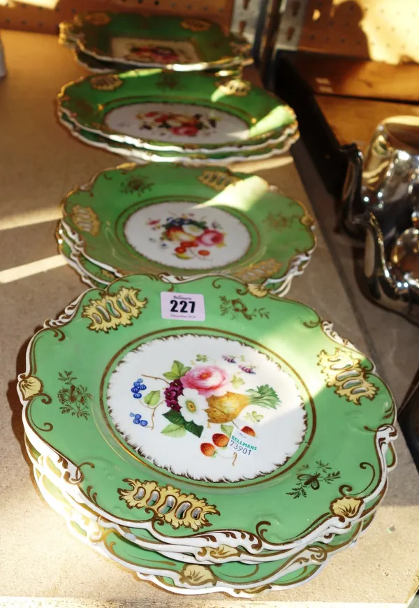 A Victorian floral gilt and green decorated part dessert service.   S1M