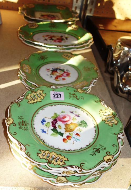 A Victorian floral gilt and green decorated part dessert service.   S1M