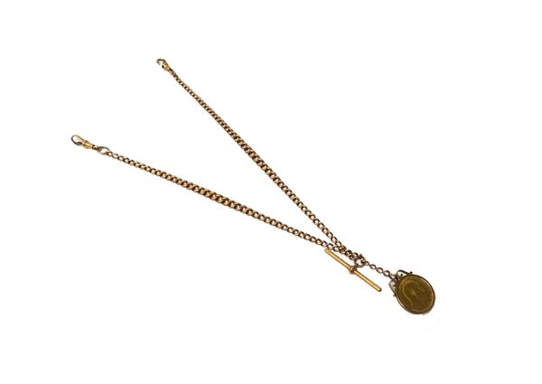 A gentleman's 9ct gold, graduated curb link watch Albert chain, fitted with two 9ct gold swivels, a 9ct gold T bar and with an Edward VII sovereign 19