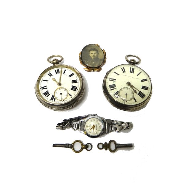 Two gentleman's silver cased, key wind, openfaced pocket watches, Chester 1893 and Birmingham 1906, two watch keys, a lady's Cimier wristwatch and a g