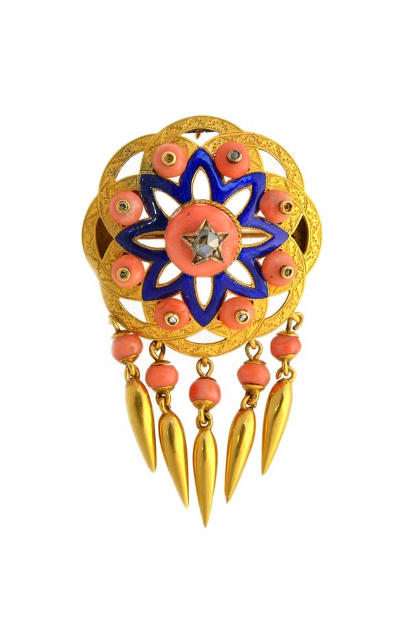 A Victorian gold, rose diamond, coral and blue enamelled brooch, of shaped circular form, the front with five pendant drops of tapered form, with cora