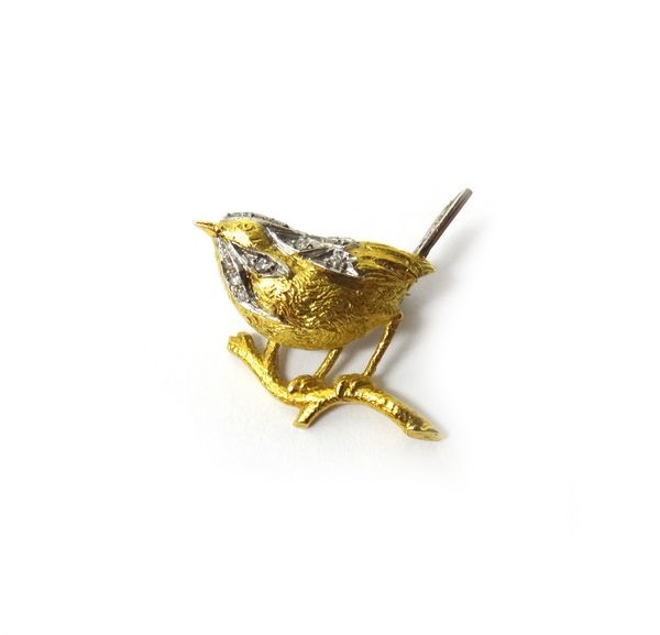 An 18ct gold and diamond set brooch, designed as a bird, perched on a branch, mounted with circular cut diamonds, import mark London 1964, gross weigh