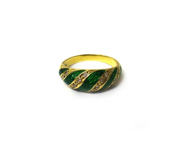 An 18ct gold and green enamelled ring, mounted with rows of circular cut diamonds alternating with green enamelled bands, ring size Q, gross weight 4.