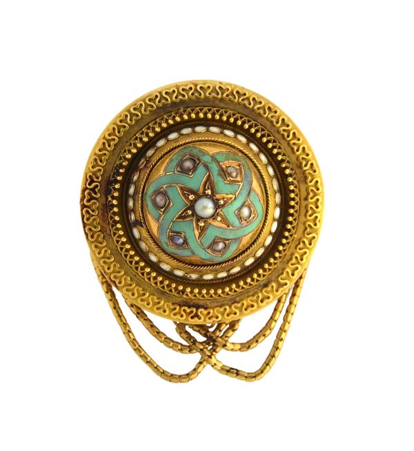 A Victorian gold, seed pearl set and enamelled circular brooch, the front with a central hemispherical enamelled and seed pearl set centre, pendant ch